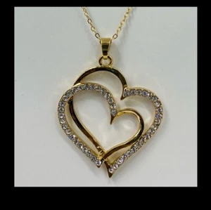 Contemporary Cut out Heart Pendant Necklace Chain Golden Rhinestone - Picture 1 of 5