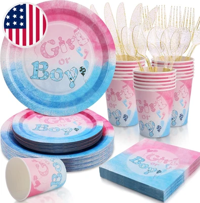168Pcs Gender Reveal Plates and Napkins Party Supplies, Pink and Blue Plates for - Image 1 of 4