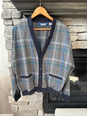 Vtg Pendleton Wool Cardigan Sweater Mens M Plaid Gray Blue Button Front USA - Image 1 of 4