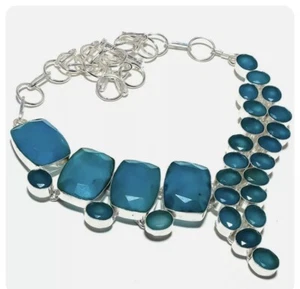 Princess Blue Chalcedony Gemstone 925 Sterling Silver Petite Necklace 18" - Picture 1 of 4