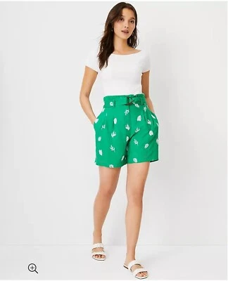Pantalones Cortos Ann Taylor 4 Bolsa de Papel de Lino Hojas Bordadas Cinturón Plisado Bolsillos Verdes Foto 1 de 4