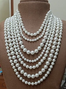 New Long Big White Faux Pearl Multi Strand Layered Bead Chunky Jewelry Necklace - Picture 1 of 9