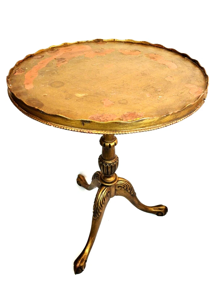 Carved Gold Tripod Pedestal Pie Crust Wine Side Table Gilt 27"T 20"Dia Plant - Image 1 of 4