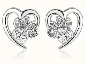 Small Half-Heart & Cat's Paw Stud Earrings White Color Pierced Earrings Studs - Picture 1 of 2