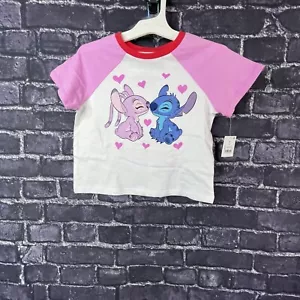 Disney M 8 Stitch Raglan Graphic T-shirt White pink Cropped Medium - Picture 1 of 5