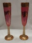 Bohemian  Gold & rose pink Flutes Glasses  K.Varli collection x 2 