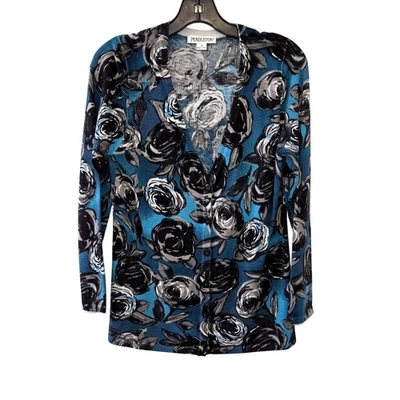 Pendleton Womens M Floral Print Silk/Cotton/Cashmere Cardigan Sweater Rose Desig - Image 1 of 4