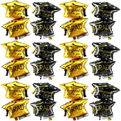 12 Piezas Negro y Dorado Sombrero de Graduación Globo 32 Pulgadas Felicidades Grad Cap F... Foto 1 de 4