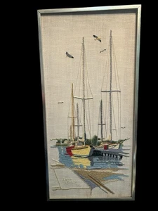 VTG Hand Stitched Crewel Embroidery Framed MCM Saltwater Harbor Sailboat Art - Picture 1 of 5