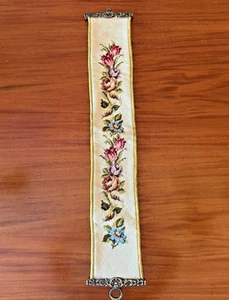 VTG Brass Bell Pull Roses Petit Point Embroidery 33.5” Olive Velvet Cottage Core - Picture 1 of 7