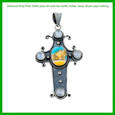 Natural Spiny Oyster Copper Turquoise Rainbow Moonstone Sterling Silver Pendant - Image 1 of 4