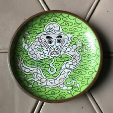 Cloisonne Small Footed Plate-Green/White-Dragon-China Mark-Turquoise Back-3.75"