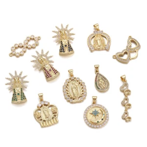 Brass Gold Charms Virgin Mary CZ Pave Cubic Zirconia Pendants Necklace Jewelry - Picture 1 of 44