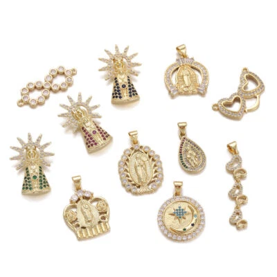 Brass Gold Charms Virgin Mary CZ Pave Cubic Zirconia Pendants Necklace Jewelry - Image 1 of 4