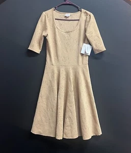 NEW WOMEN'S LULAROE NICOLE BEIGE SHORT SLEEVE FIT & FLARE DRESS SIZE M - Picture 1 of 7