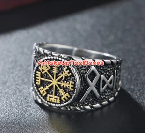 Herren Edelstahl nordischer Wikinger Rune Vegvisir Kompass Fingerring 7-13 # J585 - Bild 1 von 5