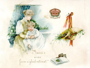 Carta commerciale vittoriana Ghirlanda stufe e ranghi 1890. Braccia della mamma. Stufa Michigan - Foto 1 di 2