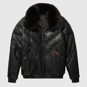 New Man V-Bomber Faux Down Goose Sheep Leather Jacket  Black Fox Fur Collar - Picture 1 of 3