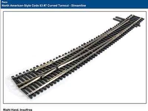 PECO 1/87 HO STREAMLINE CODE 83 #7 RIGHT HAND CURVED TURNOUT INSULFROG # SL 8376 - Picture 1 of 1