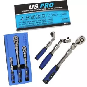 US PRO RATCHET SET 3PC REVERSIBLE FLEXIBLE HEAD TELESCOPIC 1/4" 1/2" 3/8" 4206 - Picture 1 of 4