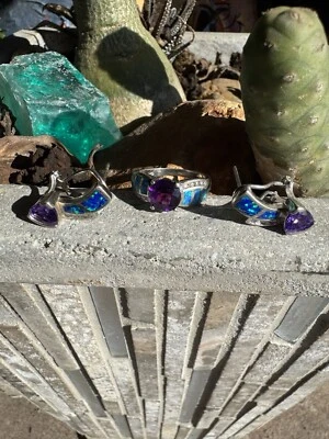 Juego de anillos y pendientes de piedras preciosas y de ley Foto 1 de 3