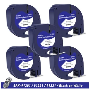 5x komp.91221 DYMO LetraTag LT-100H XR 12mm schwarz auf weiß Plastic Label Tape - Bild 1 von 9