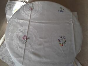 Large Damask Irish Linen  Embroidered Petit Point  Cotton Lace Edge Tablecloth