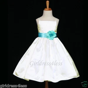 IVORY/AQUA POOL SPAGHETTI STRAPS WEDDING FLOWER GIRL DRESS 12M 18M 2 4 6 8 10 12 - Picture 1 of 2