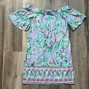 Lilly Pulitzer Fawcett Dress XS Purple Green Multi Floral Print Off The Shoulder - Picture 1 of 9