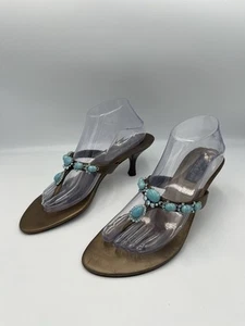 Stuart Weitzman Bronze Braun Leder Türkis Schmuck Pfennigabsatz Größe 9M Vintage - Bild 1 von 8