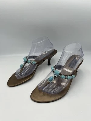 Stuart Weitzman Bronce Marrón Cuero Turquesa Joyas Gatito Tacón Talla 9M De Colección Foto 1 de 4