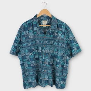 Vintage L.L. Bean Camp Collar Shirt XL Blue Tribal Geometric Print 100% Cotton - Picture 1 of 5