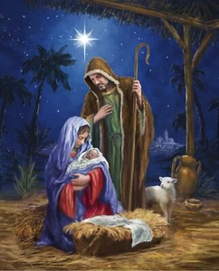 35" Fabric Panel | David Textiles Digital Christmas Nativity 2 Jesus Manger Blue - Picture 1 of 1