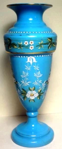 MONUMENTAL Large 12" ANTIQUE BRISTOL enameled HAND BLOWN VASE with DAISY FLOWERS - Picture 1 of 15