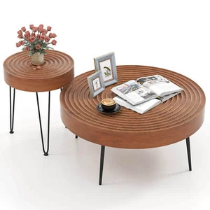 Farmhouse Round CoffeeTable Set of 2 End Table Natural Finish Living Room - Picture 1 of 8