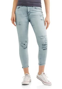 No Boundaries Junior Girls Blue Bleach Wash Destructed Knit Roll Crop Jeans 9 - Picture 1 of 2