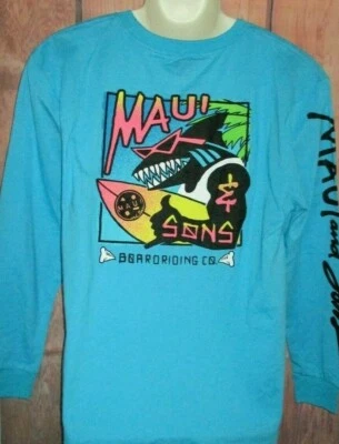MENS MAUI AND SONS SHARK PACIFIC BLUE LONG SLEEVE T-SHIRT SIZE M - Image 1 of 3