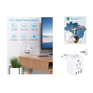 Travel-Ready Brazil Plug Adapter - Charge 5 Devices with 2 Outlets & USB Ports - Picture 1 of 9