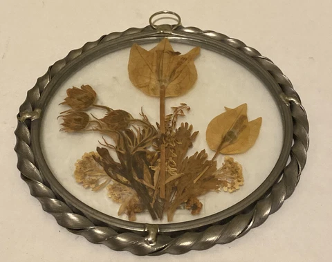 Vintage Window Art Pressed Dried Flowers & Leaves In Glass Pewter Round 4” Frame Cover
