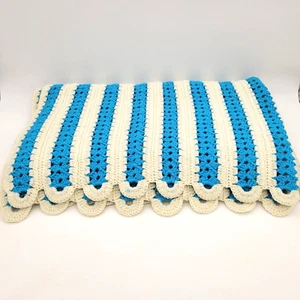 VTG Handmade Crochet Blue White Stripe Blanket Afghan 52 x60 Mile-a-Minute SHARP - Picture 1 of 4