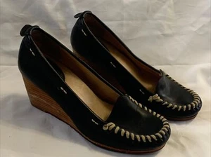 Frye 7.5 Alex Wedge Black Leather Heels Shoes Stitches - Picture 1 of 10