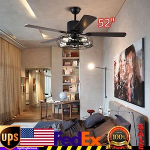 52 Inch Rustic Edison Industrial Ceiling Fan With Cage Light And Remote Control - Picture 1 of 10