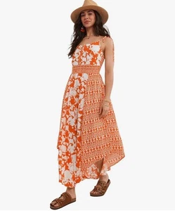 Joe brown Tie String Shirred Waist Bohemian Orange & White Floral Dress Size 10. - Picture 1 of 7