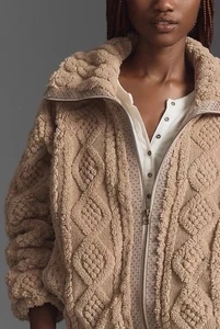NWT! Anthropologie Pilcro Textured Cable Faux-Fur Fuzzy Jacket Small Brown Crop - Picture 1 of 9