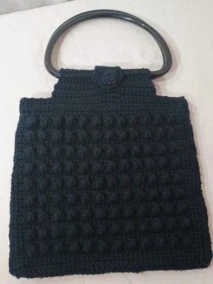 Vtg Black Crocheted Purse Handbag Tote Retro Mod 60's 70's MCM Dots Balls Knit - Image 1 of 4