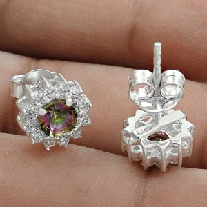 Solid Sterling Silver Natural Mystic Topaz Cubic Zirconia Stud Post New Earrings - Picture 1 of 7