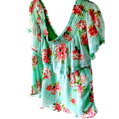 TORRID Off Shoulder Sheer Lace Swiss Dot Top Plus Size 3 3X Green Pink Boho Chic - Image 1 of 4