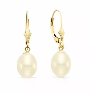14K Massives Gelbgold 8,5-9 mm Natürliche Oval Süßwasser Perle Hängen Tropfen Ohrringe - Bild 1 von 11