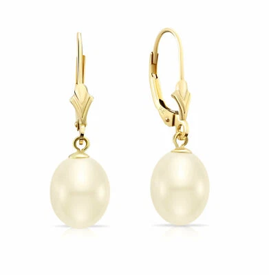 Pendientes colgantes de perlas de agua dulce ovaladas naturales de oro amarillo macizo de 14K de 8,5-9 mm Foto 1 de 4