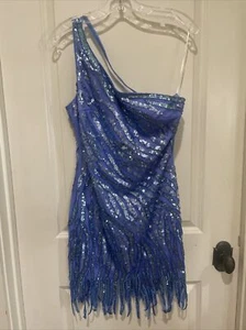 NEW Blue Sequined Beaded Fringe 1-Shoulder Dance Evening Cocktail Dress Small - Picture 1 of 5